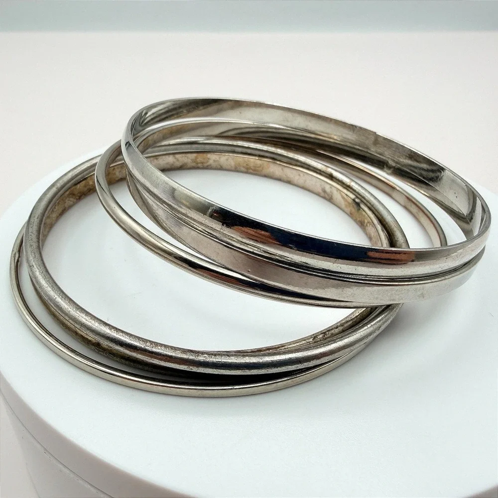 Vintage 90s Silver Tone Minimalist Bangles‎ Set Women's Classic Fashion Jewelry